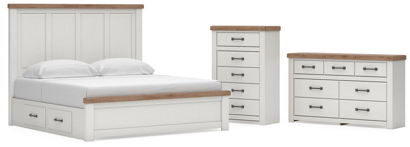 Savonport King Panel Bed with Storage, Dresser and Chest in White/Brown - PKG025403