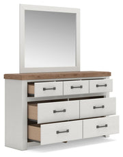 Savonport King Panel Bed with Storage, Dresser and Mirror in White/Brown - PKG025402