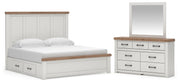 Savonport King Panel Bed with Storage, Dresser and Mirror in White/Brown - PKG025402