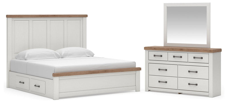 Savonport King Panel Bed with Storage, Dresser and Mirror in White/Brown - PKG025402