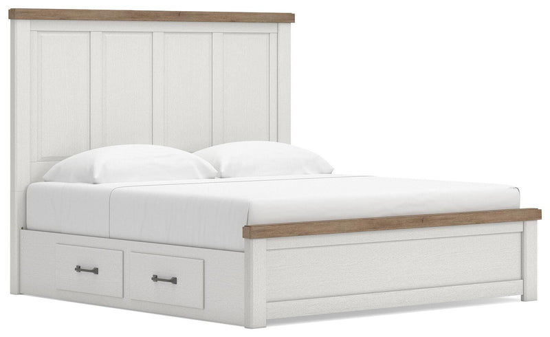Savonport King Panel Bed with Storage, Dresser and Mirror in White/Brown - PKG025402