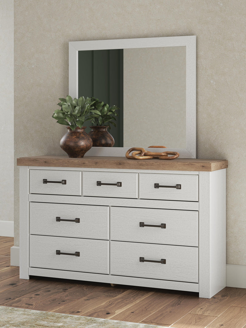 Savonport King Panel Bed with Storage, Dresser and Mirror in White/Brown - PKG025402