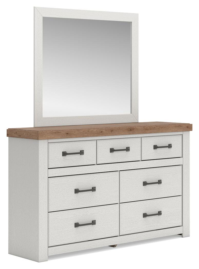 Savonport King Panel Bed with Storage, Dresser, Mirror and Chest in White/Brown - PKG025406