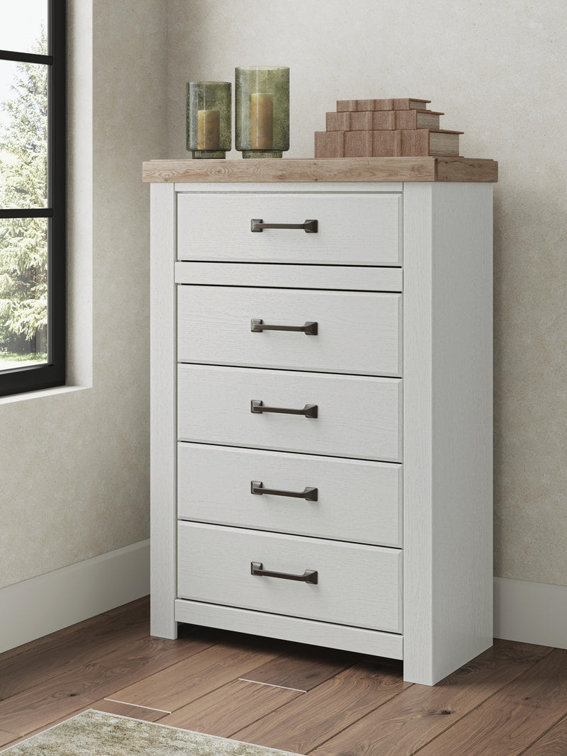 Savonport King Panel Bed with Storage, Dresser, Mirror and Chest in White/Brown - PKG025520