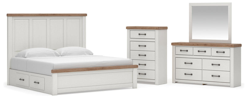 Savonport King Panel Bed with Storage, Dresser, Mirror and Chest in White/Brown - PKG025520