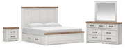 Savonport King Panel Bed with Storage. Dresser, Mirror and Nightstand in White/Brown - PKG025405