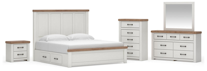 Savonport King Panel Bed with Storage, Dresser, Mirror, Chest and Nightstand in White/Brown - PKG025407