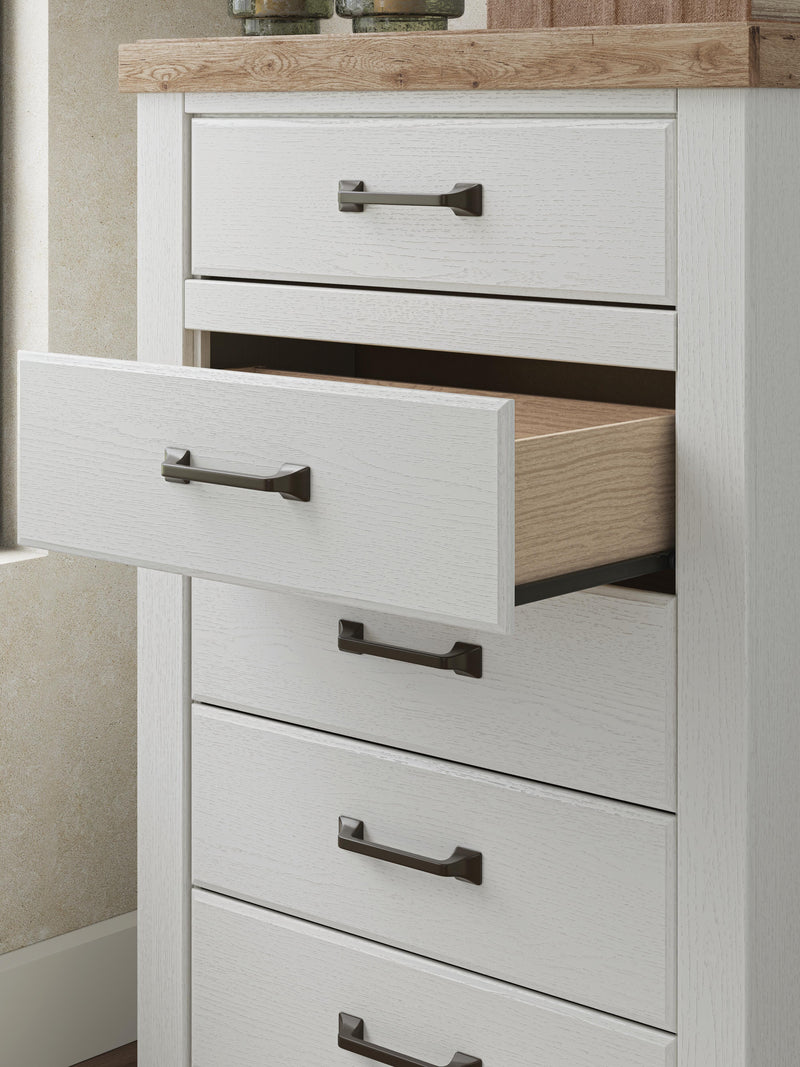 Savonport King Panel Bed with Storage, Dresser, Mirror, Chest and Nightstand in White/Brown - PKG025521