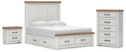 Savonport King Panel Storage Bed, Chest and Nightstand in White/Brown - PKG025534