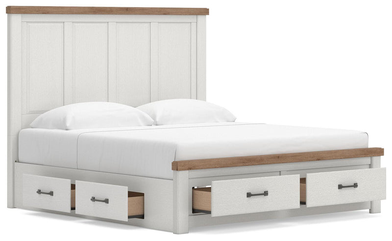 Savonport King Panel Storage Bed, Dresser and Mirror in White/Brown - PKG025309
