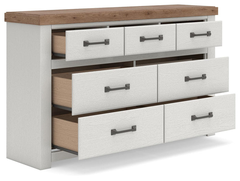 Savonport King Panel Storage Bed, Dresser and Nightstand in White/Brown - PKG025316