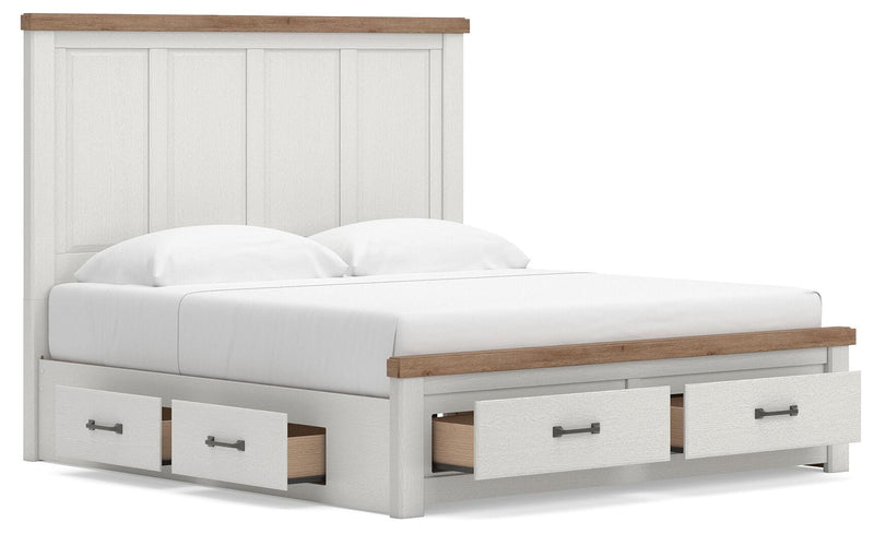 Savonport King Panel Storage Bed, Dresser and Nightstand in White/Brown - PKG025539