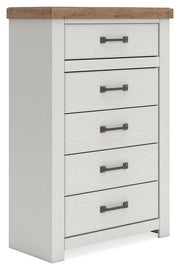 Savonport King Panel Storage Bed, Dresser, Mirror and Chest in White/Brown - PKG025313