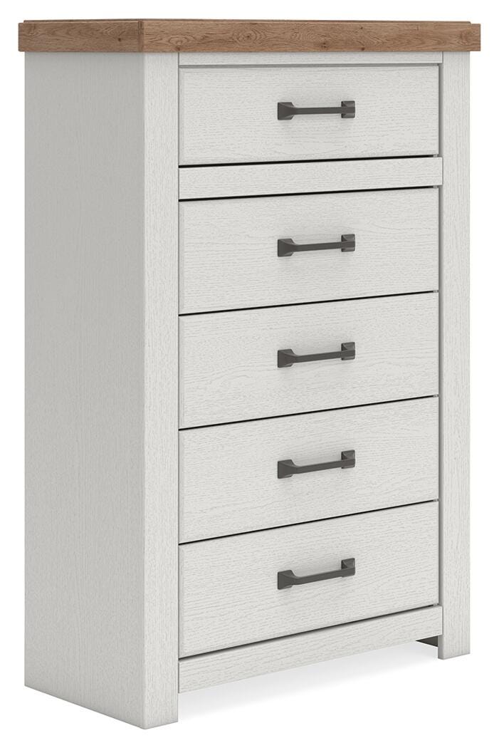 Savonport King Panel Storage Bed, Dresser, Mirror and Chest in White/Brown - PKG025536