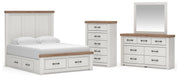 Savonport King Panel Storage Bed, Dresser, Mirror and Chest in White/Brown - PKG025536