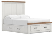 Savonport King Panel Storage Bed, Dresser, Mirror and Chest in White/Brown - PKG025536