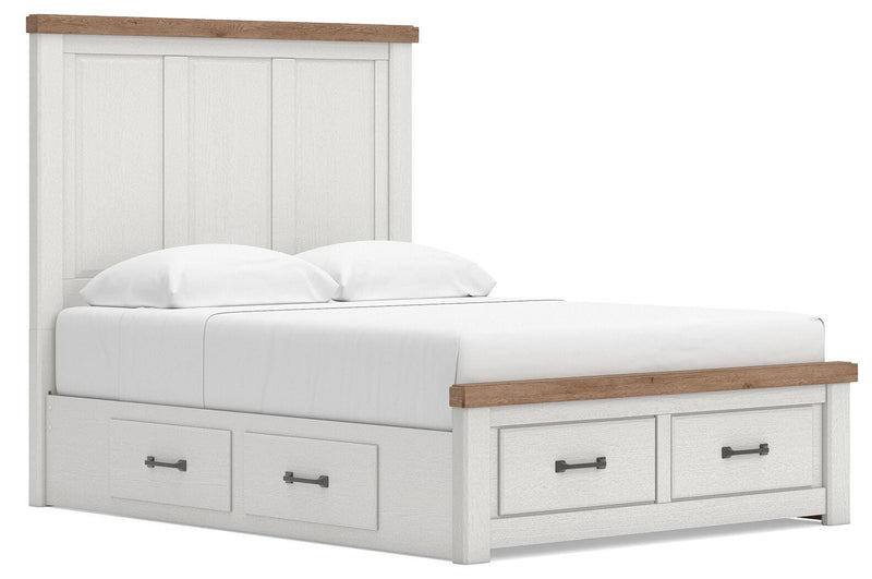 Savonport King Panel Storage Bed, Dresser, Mirror and Chest in White/Brown - PKG025536