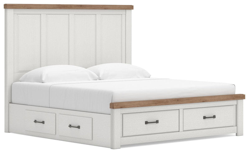 Savonport King Panel Storage Bed. Dresser, Mirror and Nightstand in White/Brown - PKG025312