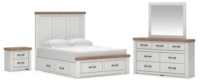 Savonport King Panel Storage Bed. Dresser, Mirror and Nightstand in White/Brown - PKG025535