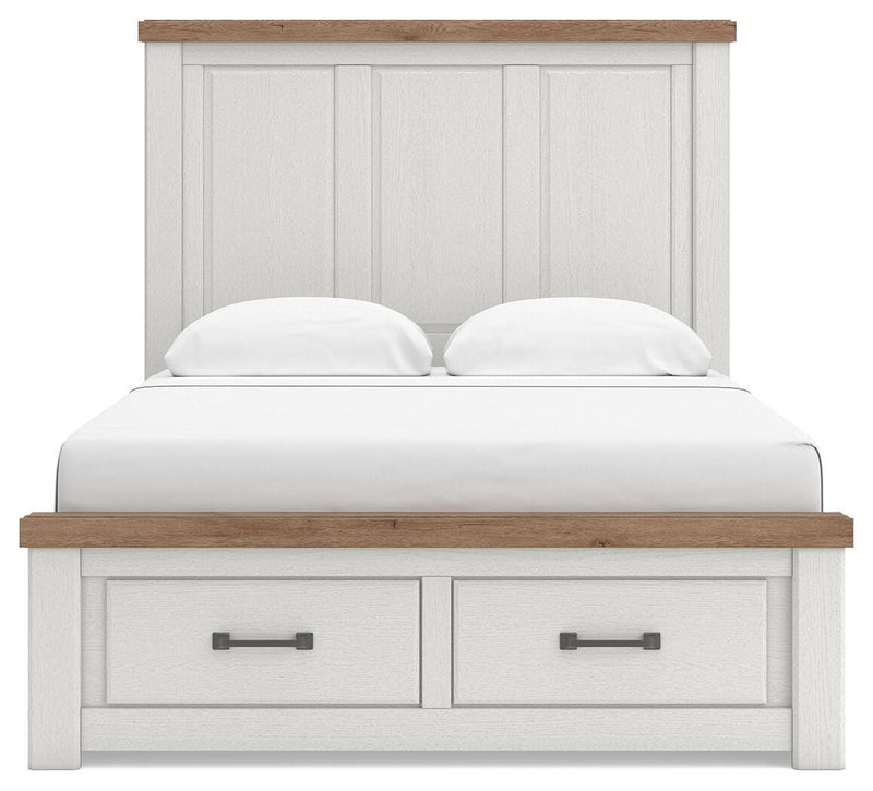 Savonport King Panel Storage Bed. Dresser, Mirror and Nightstand in White/Brown - PKG025535