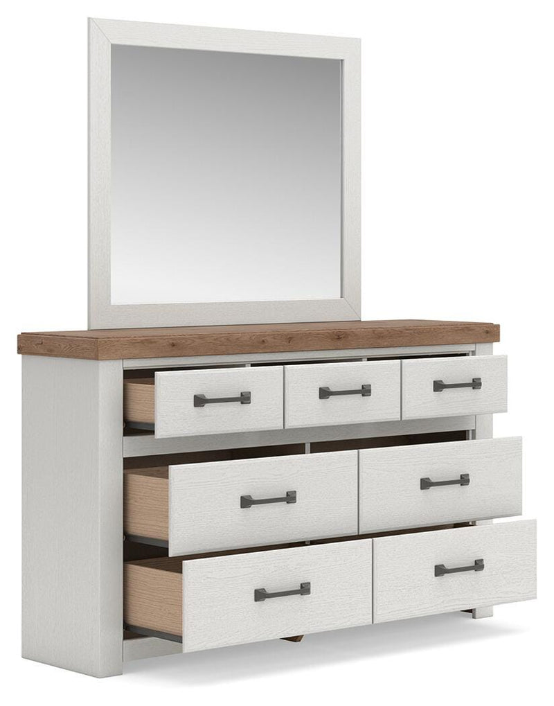 Savonport King Panel Storage Bed, Dresser, Mirror, Chest and Nightstand in White/Brown - PKG025314