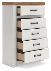 Savonport King Panel Storage Bed, Dresser, Mirror, Chest and Nightstand in White/Brown - PKG025314