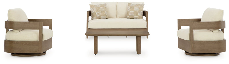 Serene Bay Outdoor Loveseat and 2 Chairs with Coffee Table in Dark Brown/White from Ashley - Lara Furniture
