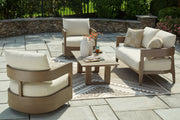 Serene Bay Outdoor Loveseat and 2 Chairs with Coffee Table in Dark Brown/White from Ashley - Lara Furniture