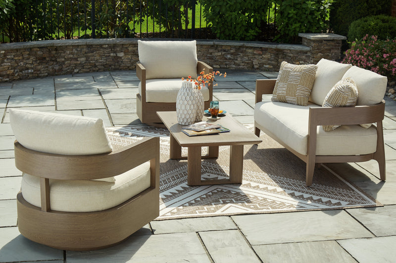 Serene Bay Outdoor Loveseat and 2 Chairs with Coffee Table in Dark Brown/White from Ashley - Lara Furniture