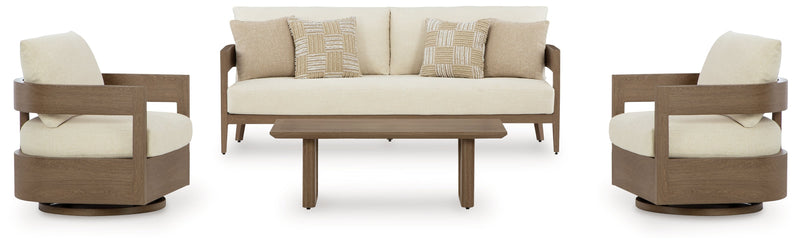 Serene Bay Outdoor Sofa and 2 Chairs with Coffee Table in Dark Brown/White from Ashley - Lara Furniture