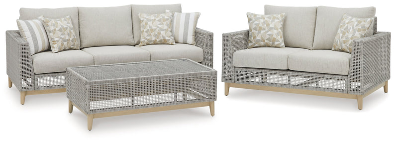 Seton Creek Outdoor Sofa and Loveseat with Coffee Table in Gray from Ashley - Lara Furniture