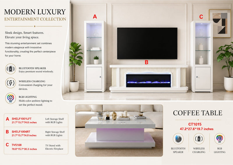 SHELF1001LFT – Display Shelves with Fireplace TV Stand 21.7"×15.7"×74.8" (WHITE) - 210000007900