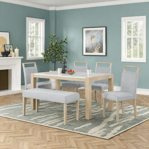 Skyla - White & Gray 6PC Dining Set, Table & 4 Chairs & Bench - D214-6PC-Set
