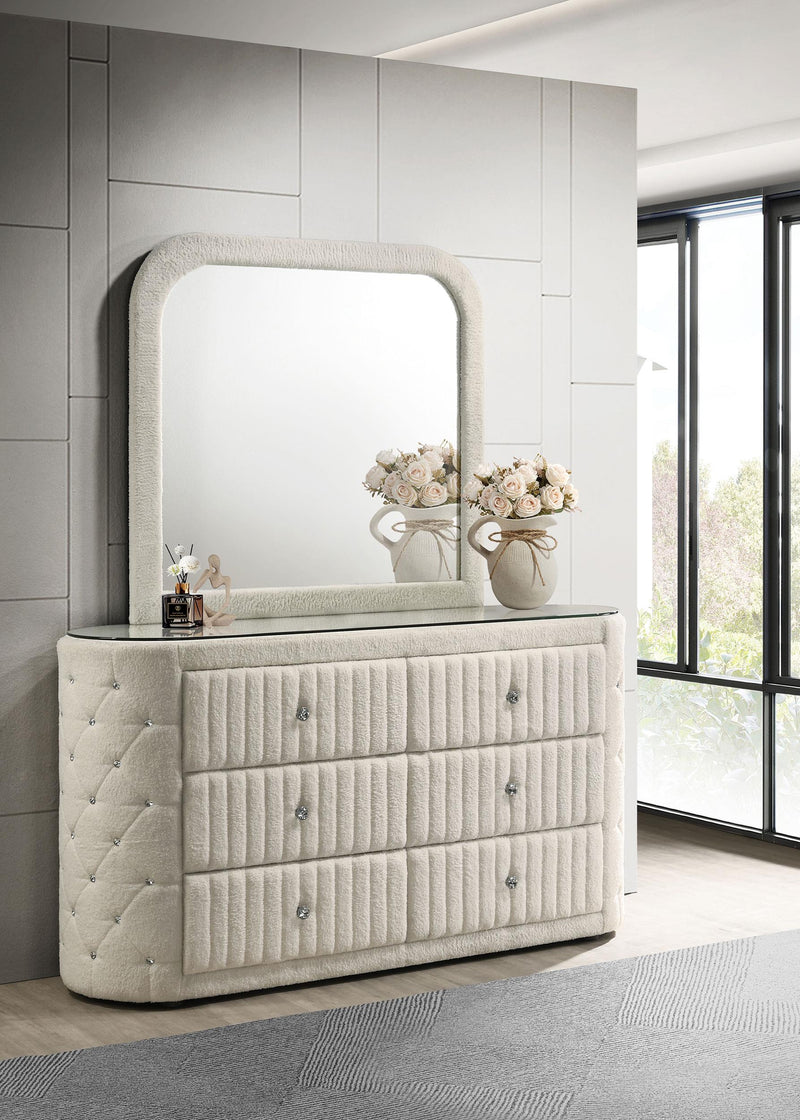 Sonya 6-drawer Upholstered Bedroom Dresser with Mirror Ivory - 360113M