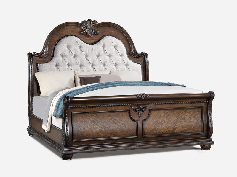 Stanley Coffee Brown Queen Upholstered Sleigh Bed - Lara FurnitureQueen Bed