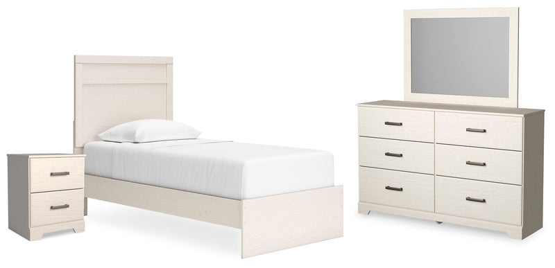 Stelsie Twin Panel Bed with Mirrored Dresser and Nightstand in White - PKG015994