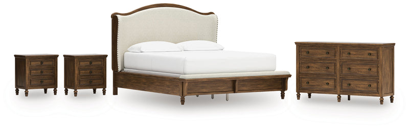 Sturlayne California King Upholstered Panel Bed with Dresser and 2 Nightstands in Brown from Ashley - Lara Furniture