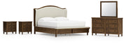 Sturlayne California King Upholstered Panel Bed with Mirrored Dresser and 2 Nightstands in Brown from Ashley - Lara Furniture