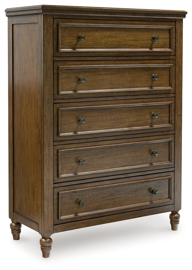 Sturlayne California King Upholstered Panel Bed with Mirrored Dresser, Chest and 2 Nightstands in Brown from Ashley - Lara Furniture