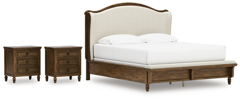 Sturlayne King Upholstered Panel Bed with 2 Nightstands in Brown from Ashley - Lara Furniture