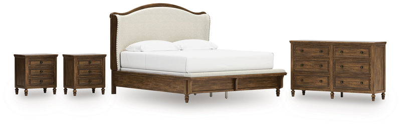 Sturlayne King Upholstered Panel Bed with Dresser and 2 Nightstands in Brown from Ashley - Lara Furniture