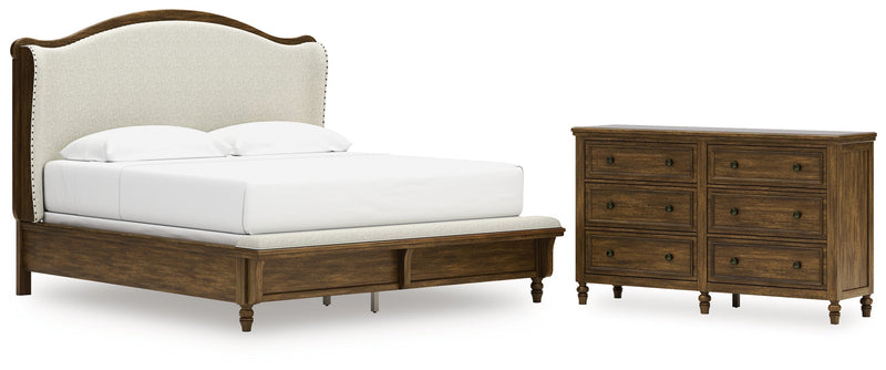 Sturlayne King Upholstered Panel Bed with Dresser in Brown from Ashley - Lara Furniture