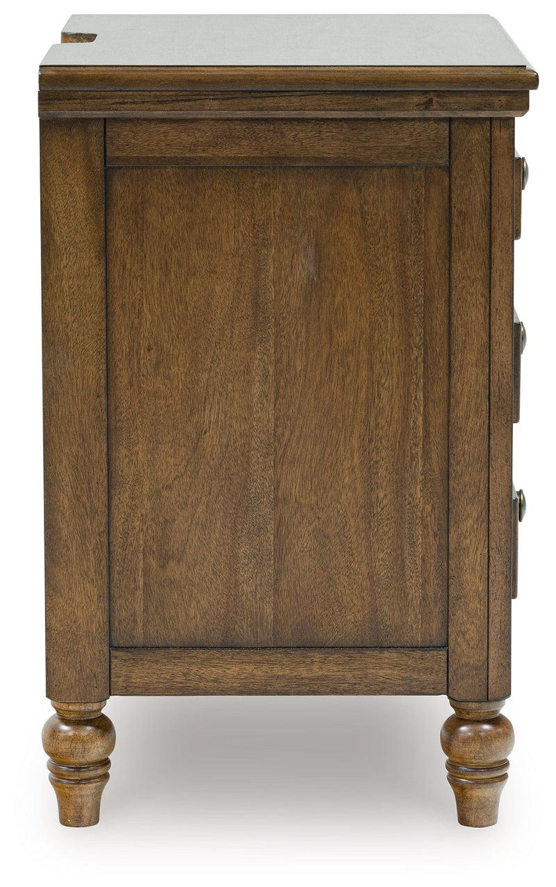Sturlayne King Upholstered Panel Bed with Mirrored Dresser and 2 Nightstands in Brown from Ashley - Lara Furniture