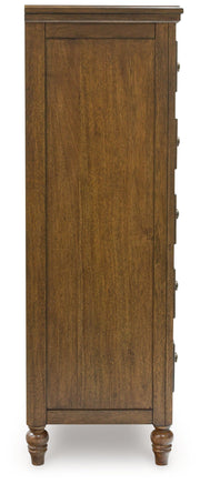 Sturlayne King Upholstered Panel Bed with Mirrored Dresser and Chest in Brown from Ashley - Lara Furniture