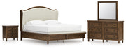 Sturlayne King Upholstered Panel Bed with Mirrored Dresser and Nightstand in Brown from Ashley - Lara Furniture