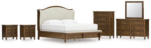 Sturlayne King Upholstered Panel Bed with Mirrored Dresser, Chest and 2 Nightstands in Brown from Ashley - Lara Furniture