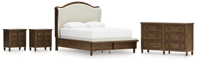 Sturlayne Queen Upholstered Panel Bed with Dresser and 2 Nightstands in Brown from Ashley - Lara Furniture