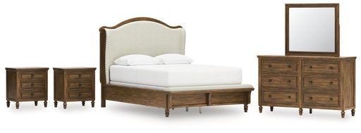 Sturlayne Queen Upholstered Panel Bed with Mirrored Dresser and 2 Nightstands in Brown from Ashley - Lara Furniture