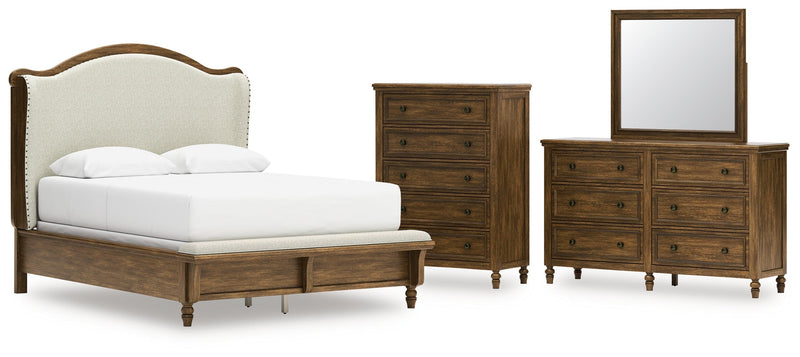 Sturlayne Queen Upholstered Panel Bed with Mirrored Dresser and Chest in Brown from Ashley - Lara Furniture