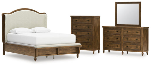 Sturlayne Queen Upholstered Panel Bed with Mirrored Dresser and Chest in Brown from Ashley - Lara Furniture